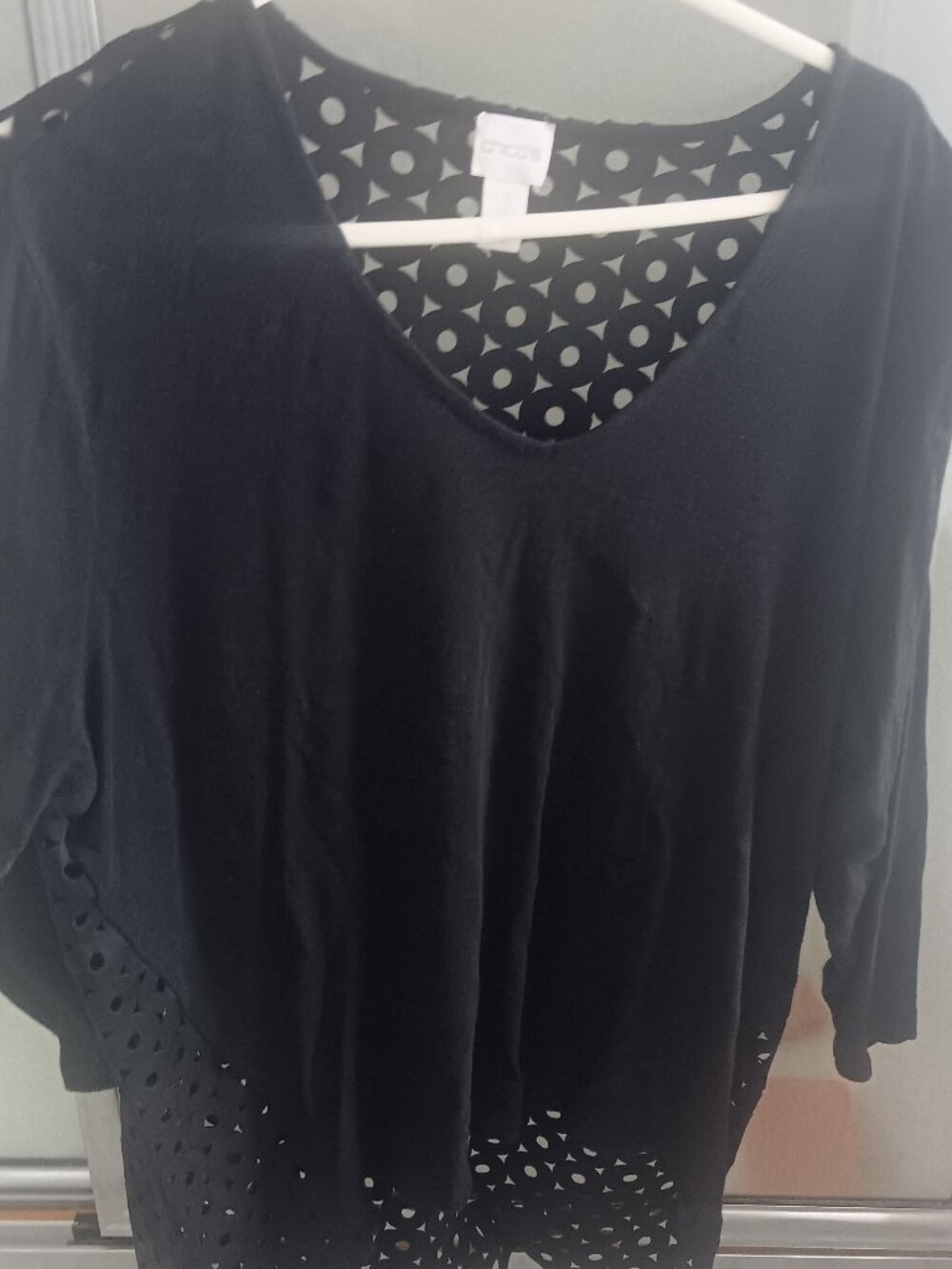 Chico's Black High Low Top w/ Laser Cut Out Back Detail